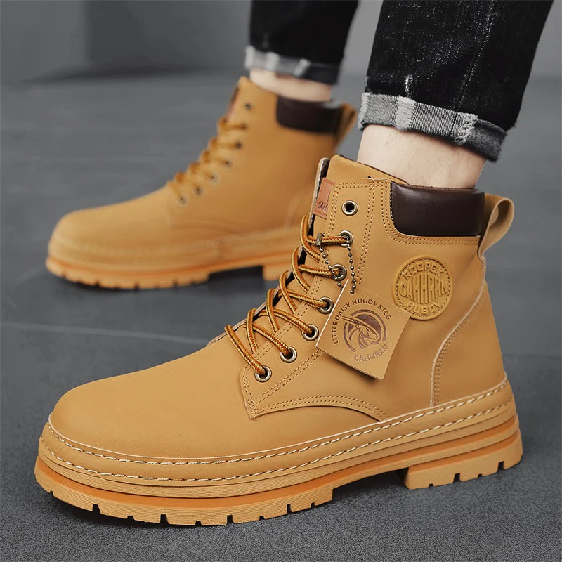 Yellow Boots Leather Chelsea Ankle Boots Shoes for Men With Free Shipping Autumn Men Bottines Chelsea Lace Up Leather Boots Man