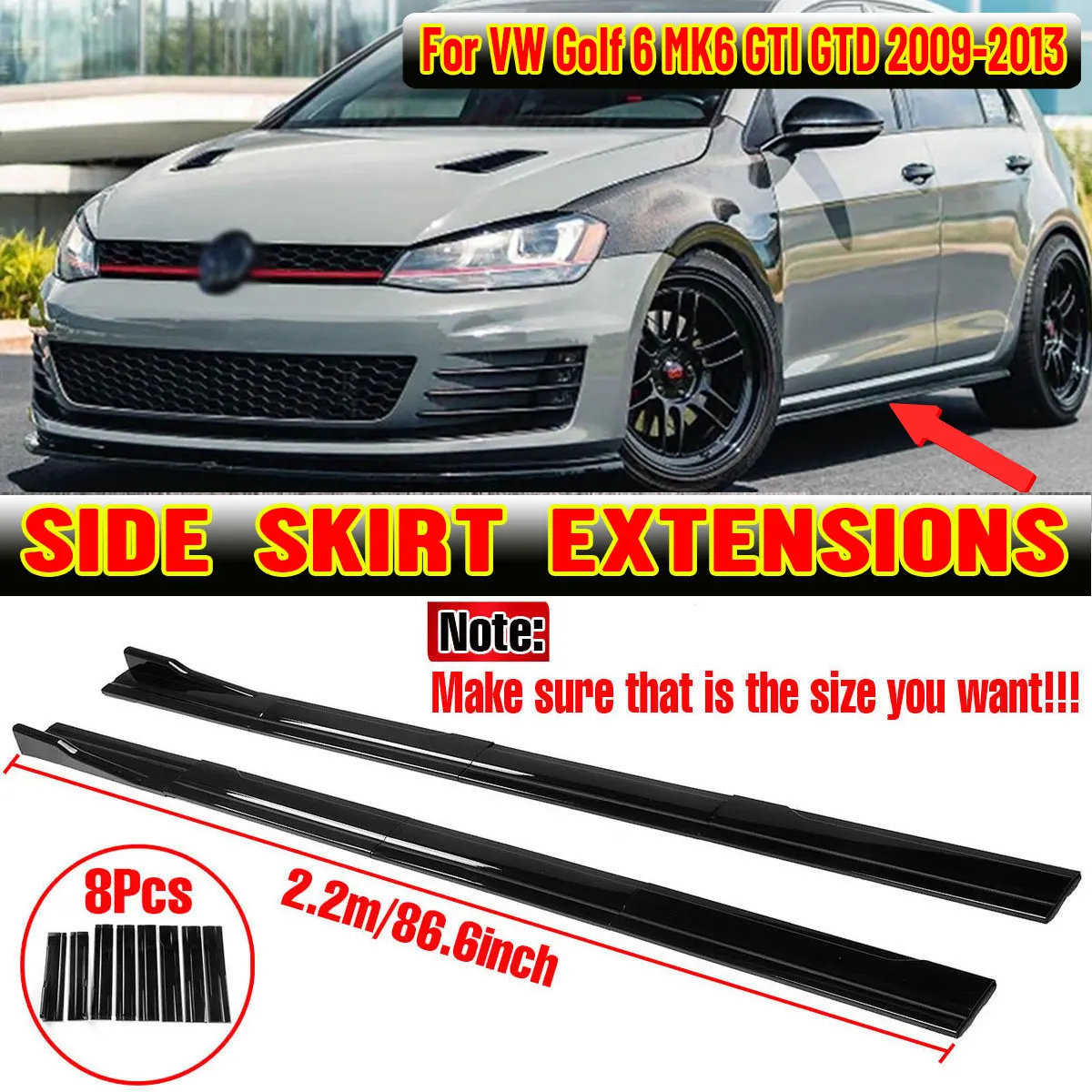 High Quality 2.2m Side Skirts Bumper Extension Rocker Splitters Diffuser Winglet Wings For VW For Golf 6 MK6 GTI GTD 2009-2013