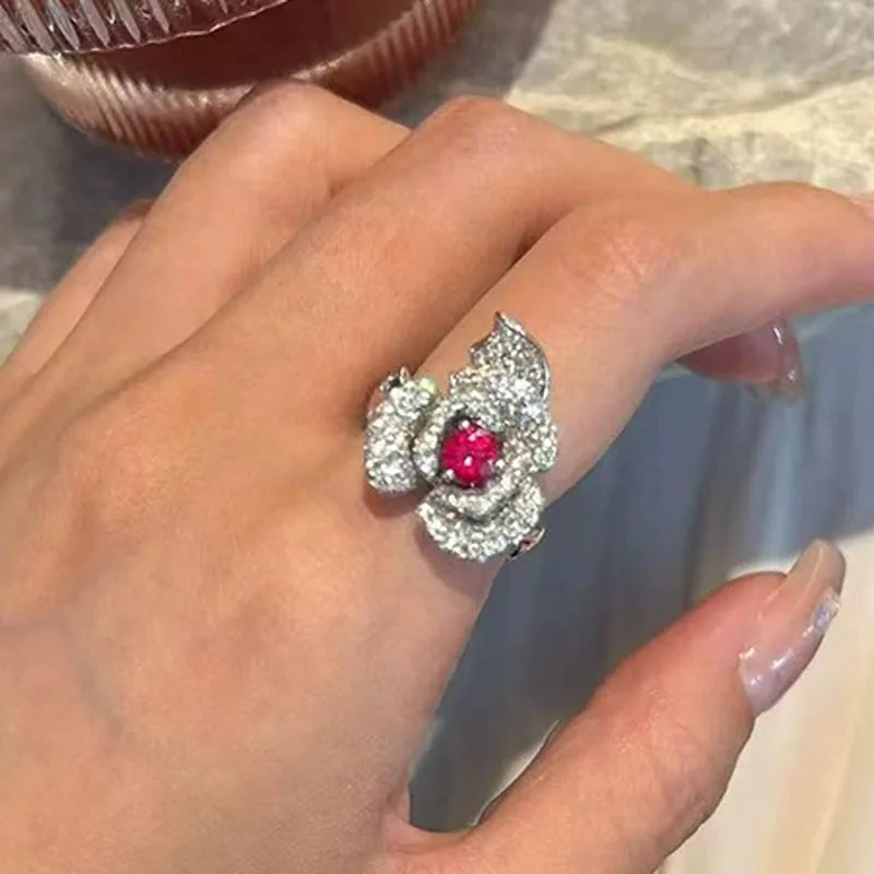 

Vintage Rose Flower Women Ruby Rings for Women Brushed Palace Style 925 Sterling Silver Open Ring Wedding Jewelry