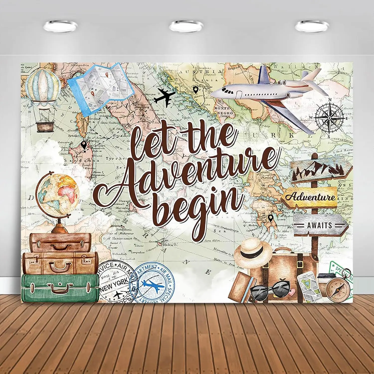 

Adventure Awaits Let The Adventure Begin Baby Shower Party World Map Travel Themed Studio photo background photography backdrop