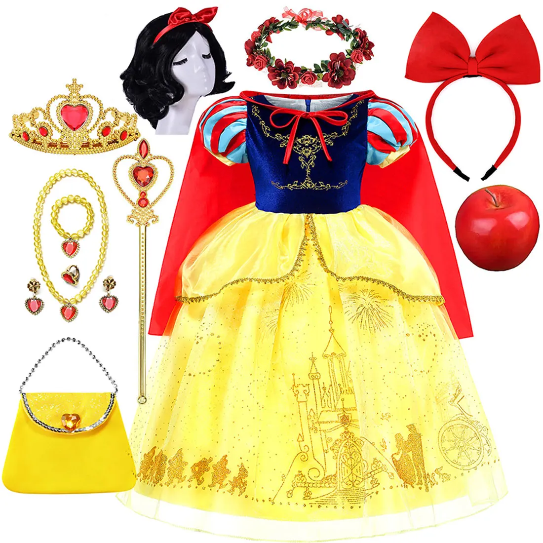 

Disney Snow White Print Short Sleeve Luxury Workshop With Cloak Girls Cosplay Snow White Summer and Autumn Party Puffy Dress Set