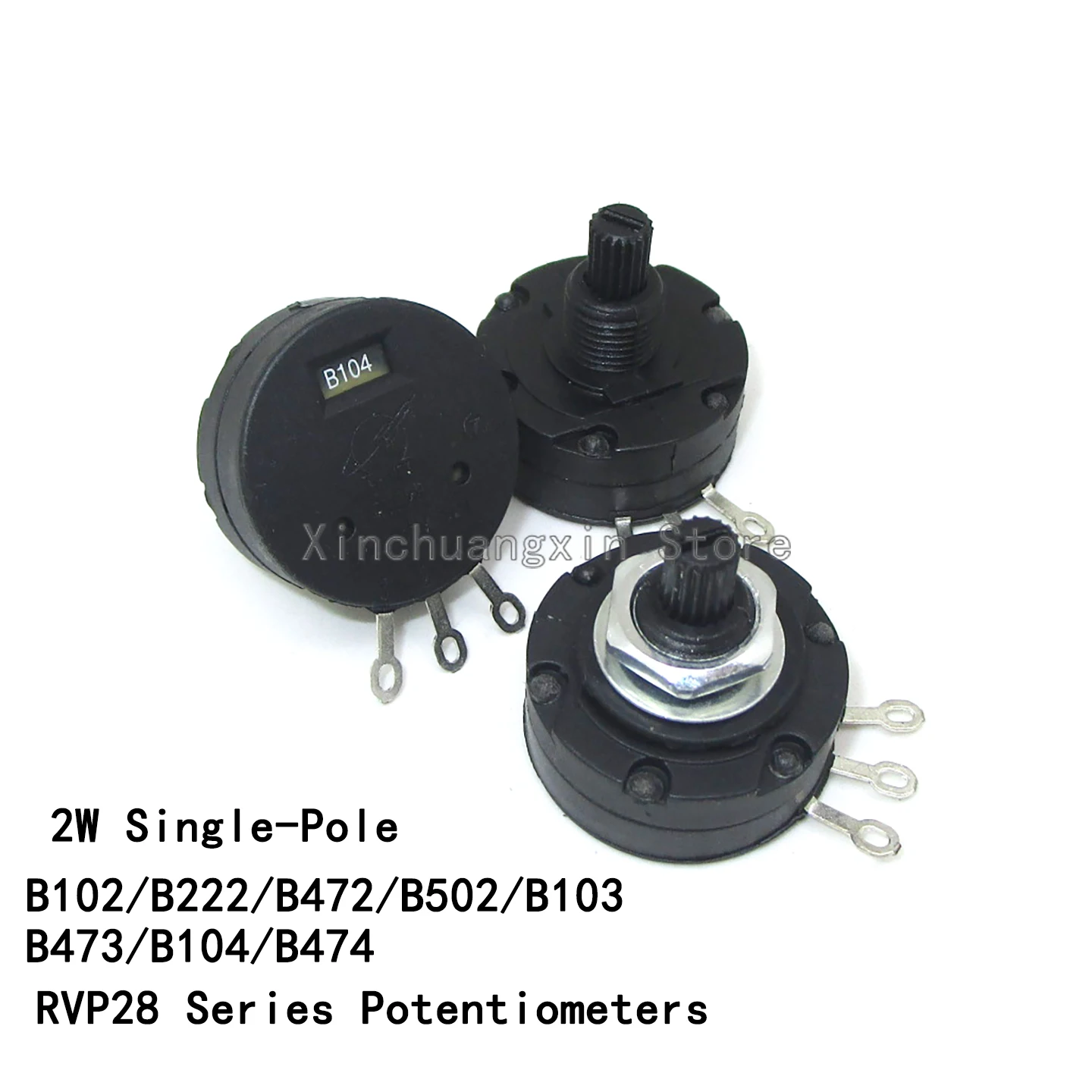 2PCS Molded Insulated Shaft Soldered Potentiometer RVP28 B102 B222 B472 1K, 2K, 5K, 10K, 100K Single-Gang 2W