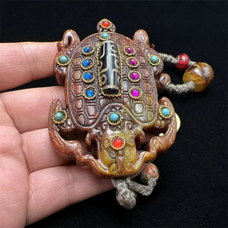 ジュエリーアクセサリー-レトロスタイル-玉玉-空洞龍亀-翡翠壁飾り-宝石象嵌-九眼天珠ビーズ