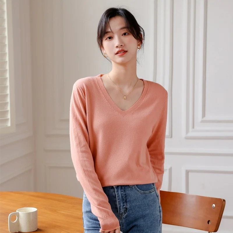 Autumn V-neck long-sleeved loose knit Pure Pure female V-neck long-sleeved knit solid top inner-atmosphere thin knit