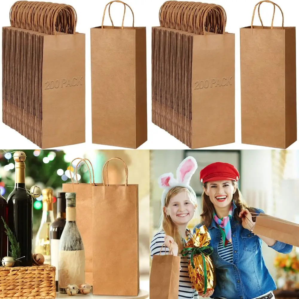 

100 Pack Kraft Paper Wine Bags with Handles, 13x5.3x3.3 Inches, Ideal for Small Business Wine Gifts