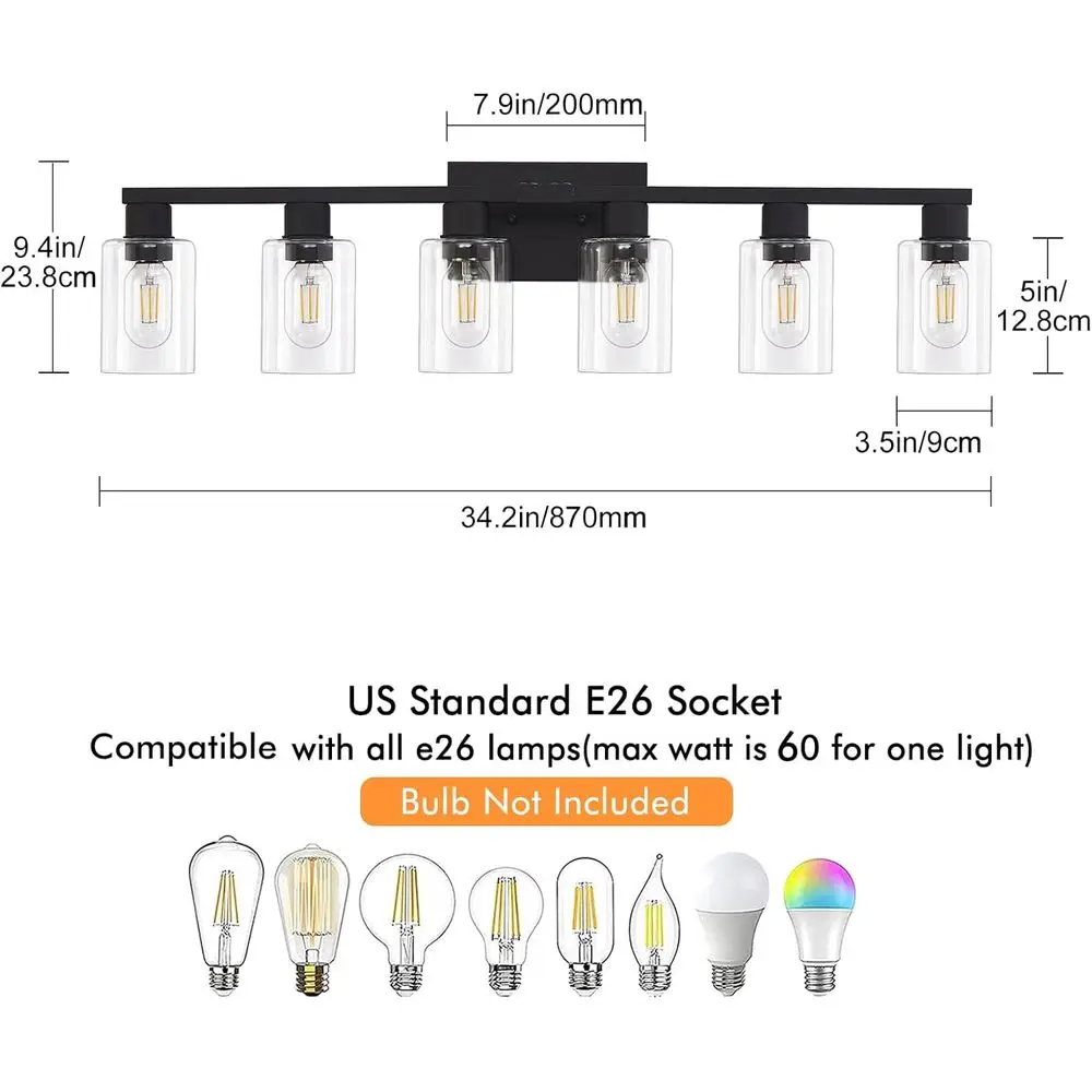 6-Light Clear Glass Shade Vanity Light Fixture باللون الأسود غير اللامع لمرايا الحمام الكبيرة والشمعدانات الجدارية