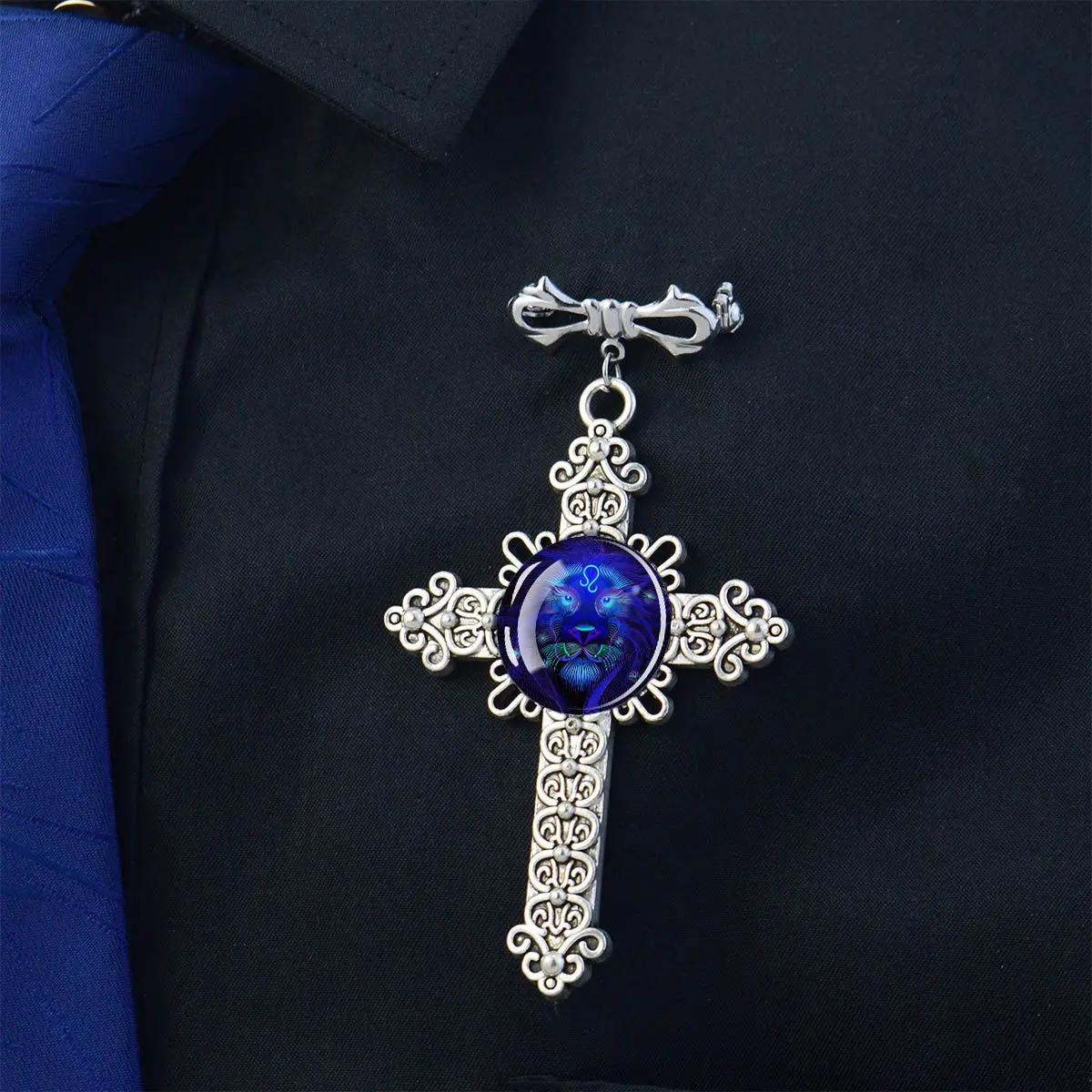 Black 12 Zodiac Glass Dome Cross Bow Tie Pin Lapel Pin Birthday Jewelry Accessories Constellation Enthusiasts or Birthdays Gift