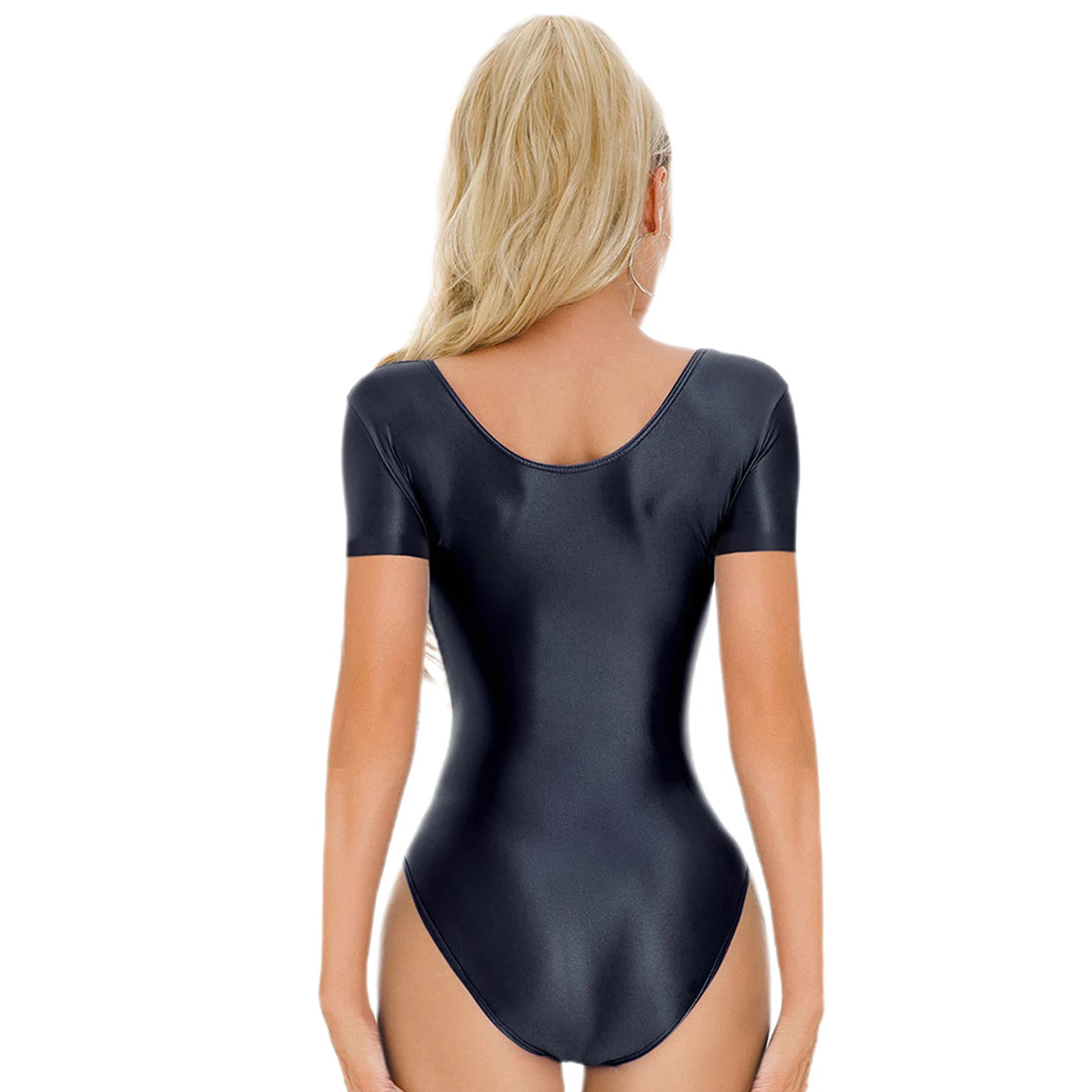 بدلة سباحة نسائية لامعة قطعة واحدة ملابس سباحة مثيرة بأكمام قصيرة بدلة يوتار مونوكيني سادة بدلة استحمام للشاطئ ملابس سباحة #3