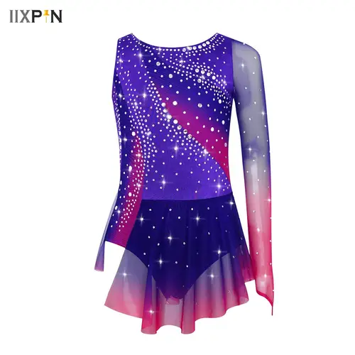 Vestido de leotardo de gimnasia rítmica para patinaje artístico para niñas, vestido asimétrico dividido con diamantes de imitación brillantes, vestido de bailarina de Color contrastante