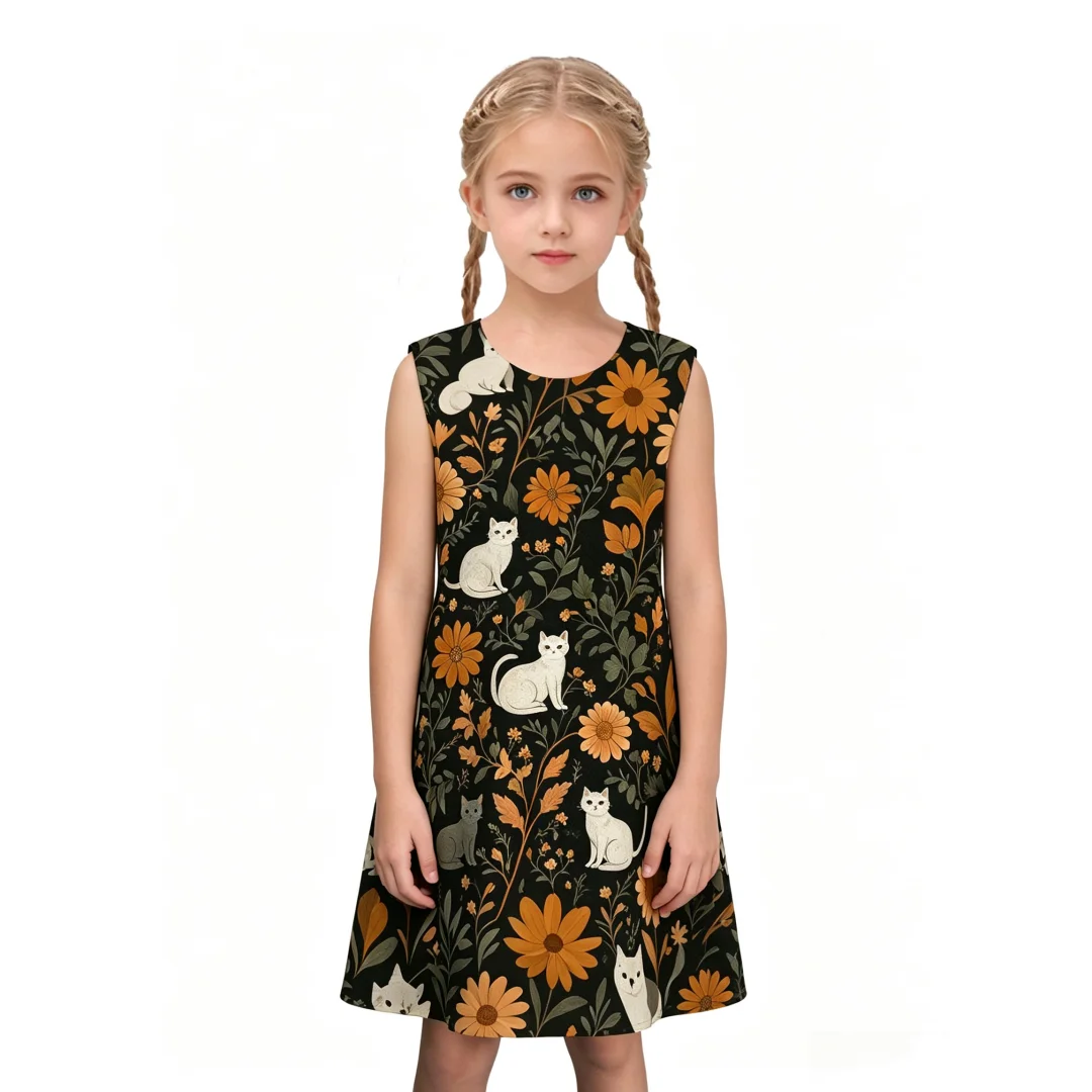 Kids Sleeveless A‑Line Dress Vintage Floral Cat Print Light Cute Stylish Soft Comfy Outfit for Beach and Casual Daily Wear