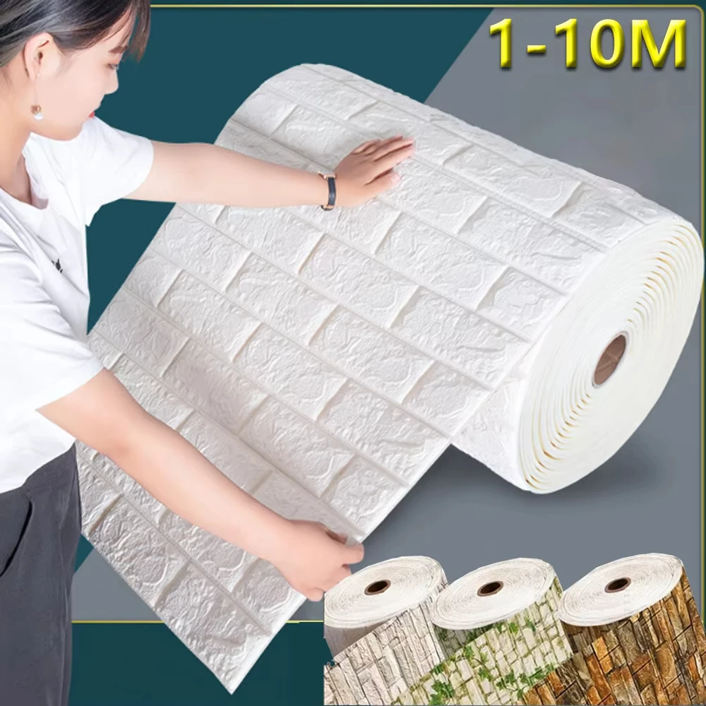 70cmx1/3/5/10M 3D Self-Adhesive Wallpaper Continuous Waterproof Brick Wall Stickers Living Room Bedroom Wall Home Decoration