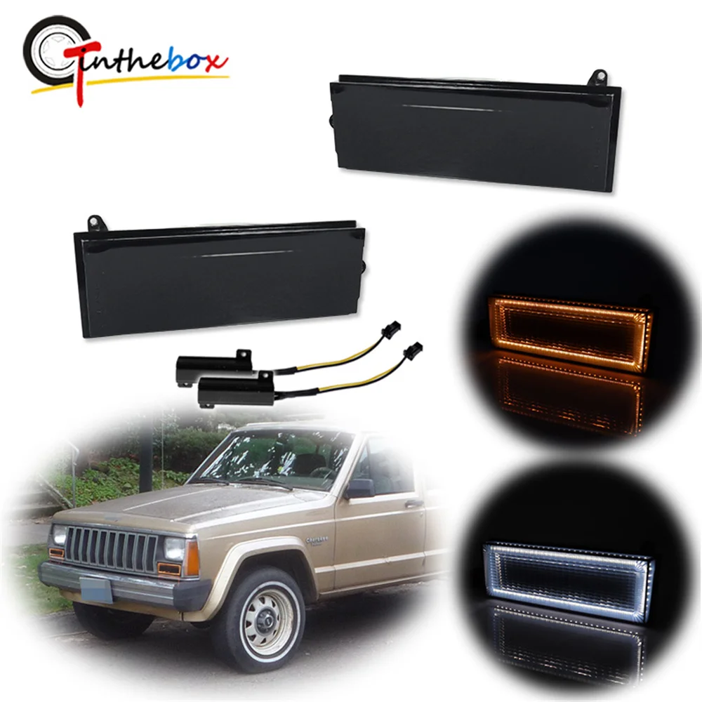 Gtinthebox Car LED Amber Front Bumper Turn Signal Lights White DRL Driving/Parking Lights For Jeep Cherokee Comanche & Wagoneer