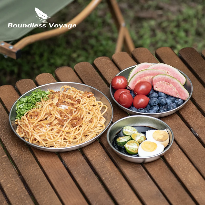 Boundless Voyage 3pcs Ultralight Titanium Plate Camping Bowl Dish with Mesh Bag Outdoor Camping Tableware Cookware Mess Kit