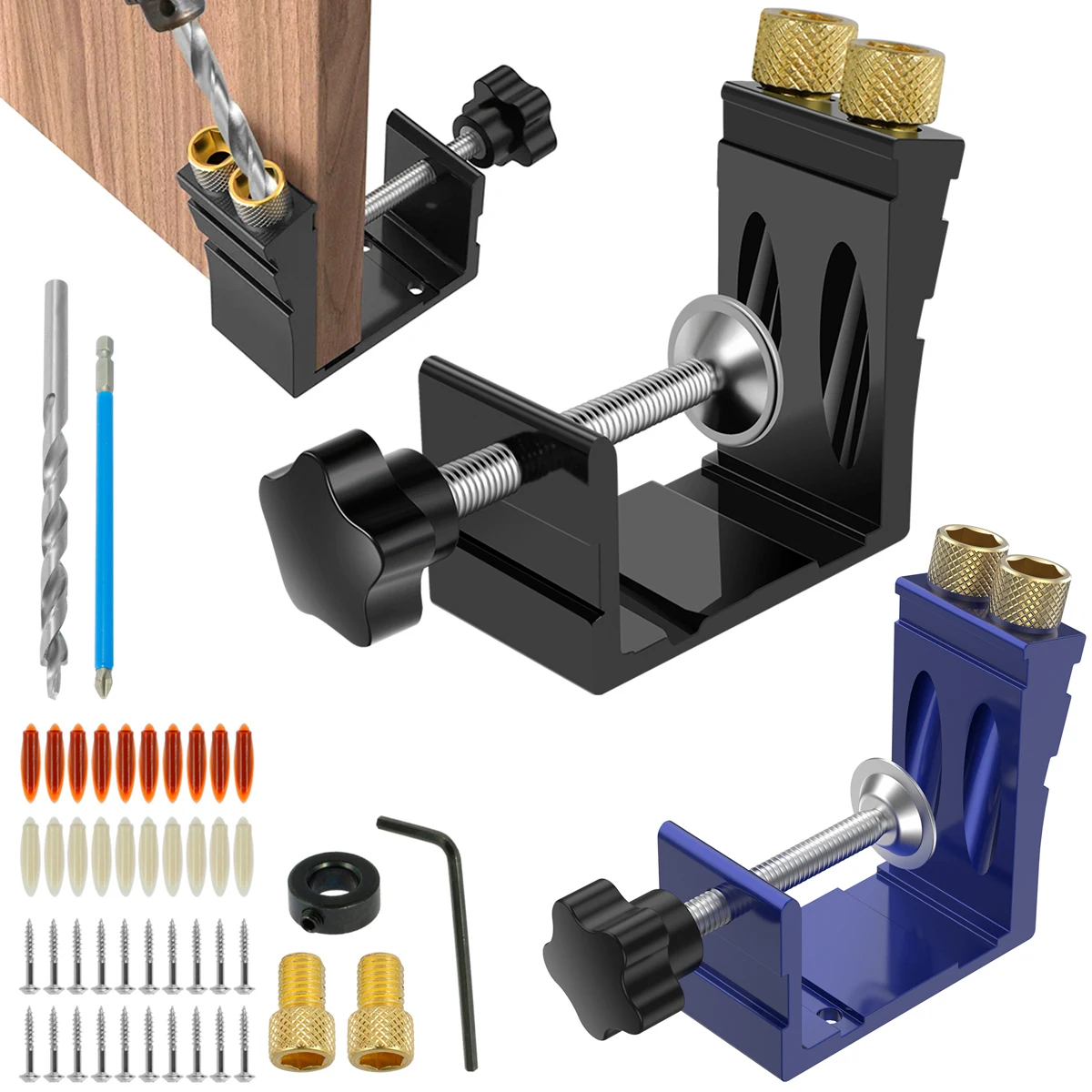 47Pcs 15° Angled Oblique Hole Locator Adjustable Pocket Hole Jig Kit Woodworking Drill Guide Tools for Joinery Work Plugs