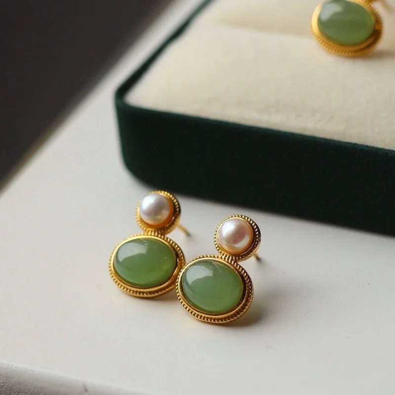 

Jasper Pearl Stud Earrings Sterling Silver Plated 18K Gold Main Stone 8X10Mm Full Green