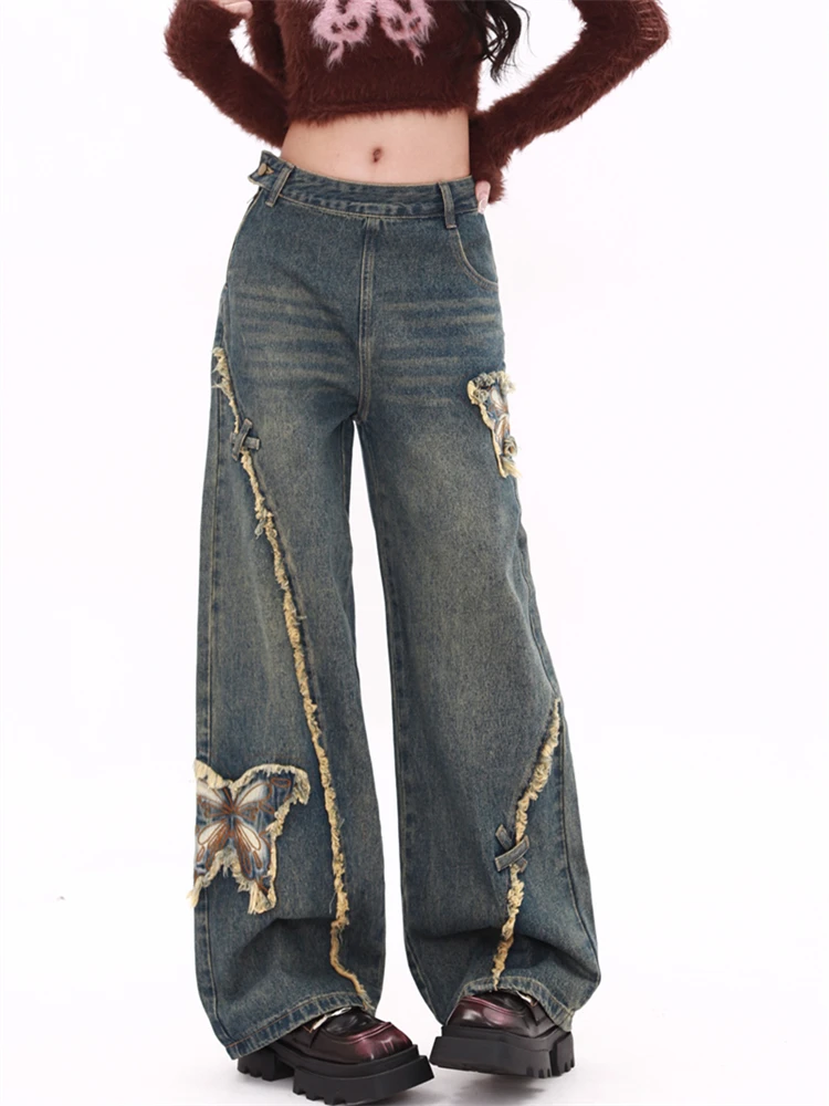 

Women's Butterfly Embroidery Side Zipper High Waisted Jeans Wide Leg Streetwear Girl Vintage Trouser Female Casual Denim Pants