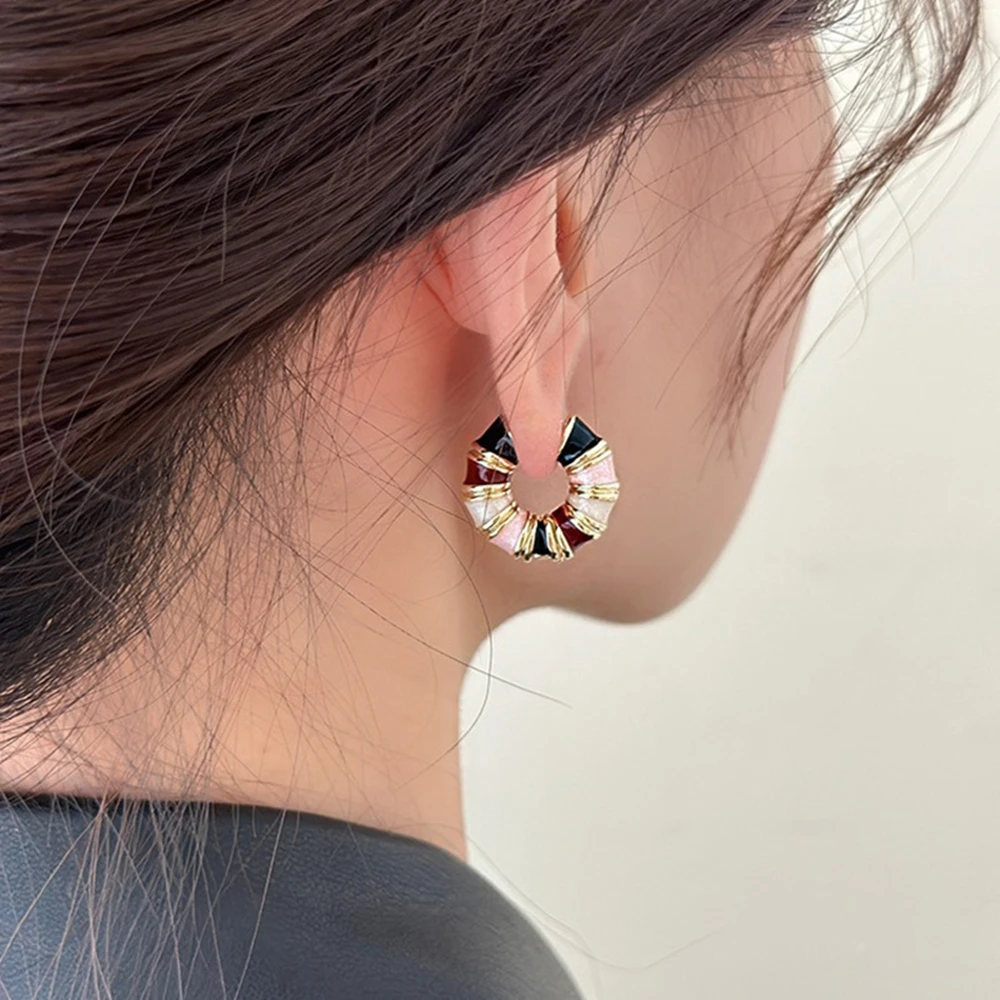 Kshmir French Retro Colorful Enamel Round Gold Color Ear Buckle Earrings for Women Fashion Jewelry Accessories 2023 New