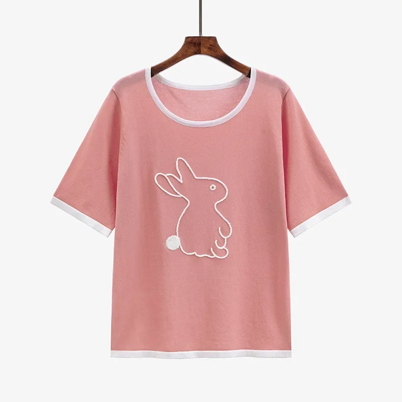 J038  Large size women's round neck embroidery rabbit top 2023 summer new fat loose T-shirt woman