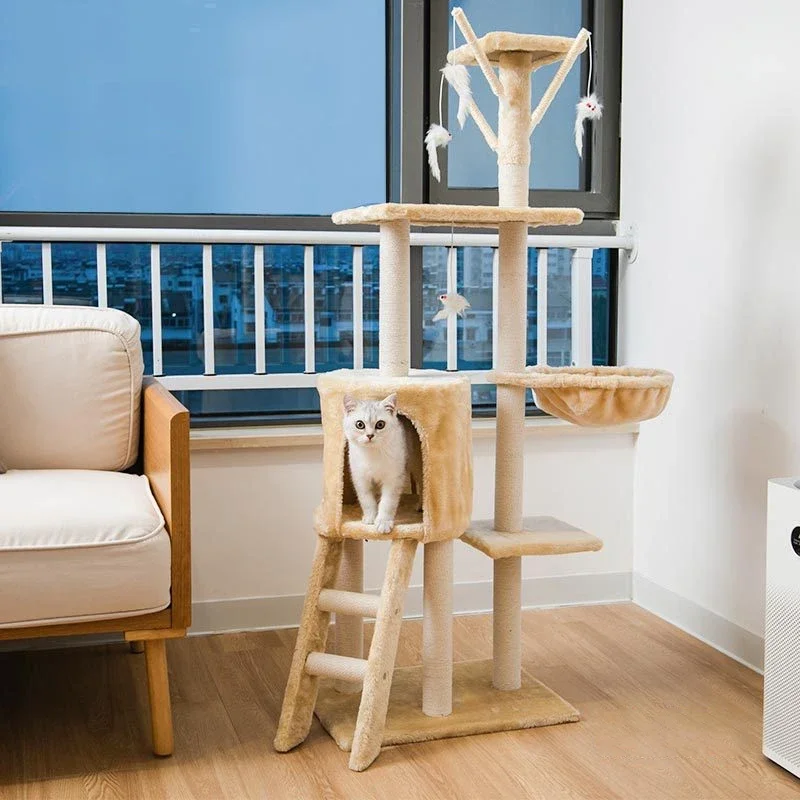 

Multi-Level Cat Tree House, Cat Tower Large Cats With Plush Hammock, Cat Shelves And Dangling Pompom, Cat Scratching Posts,