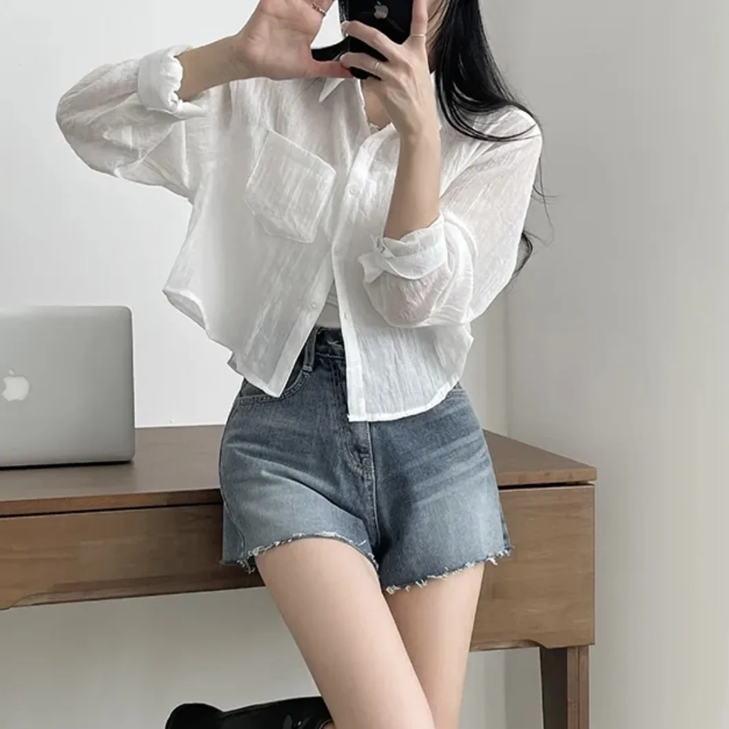 

Летняя женская блузка 2026 года в корейском стиле, модная, легкая, с длинным рукавом, цвета мороженого, для защиты от солнца