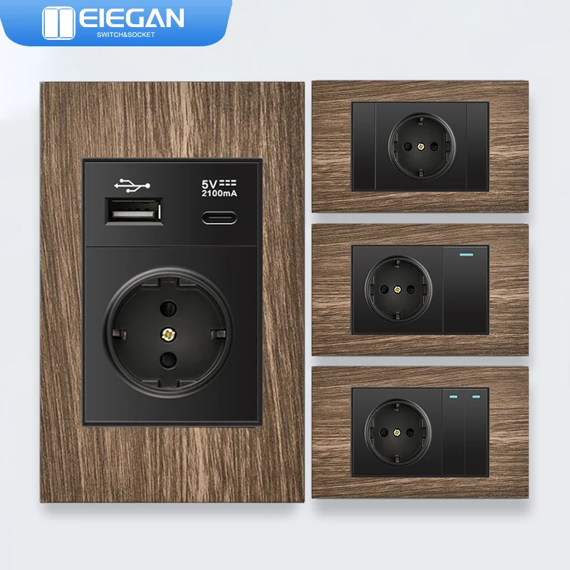 

Black EU 2Way Standard Retro American Push Button Wall Switch Wood Grain Panel AC110~250V Power Socket with USB and Light Switch
