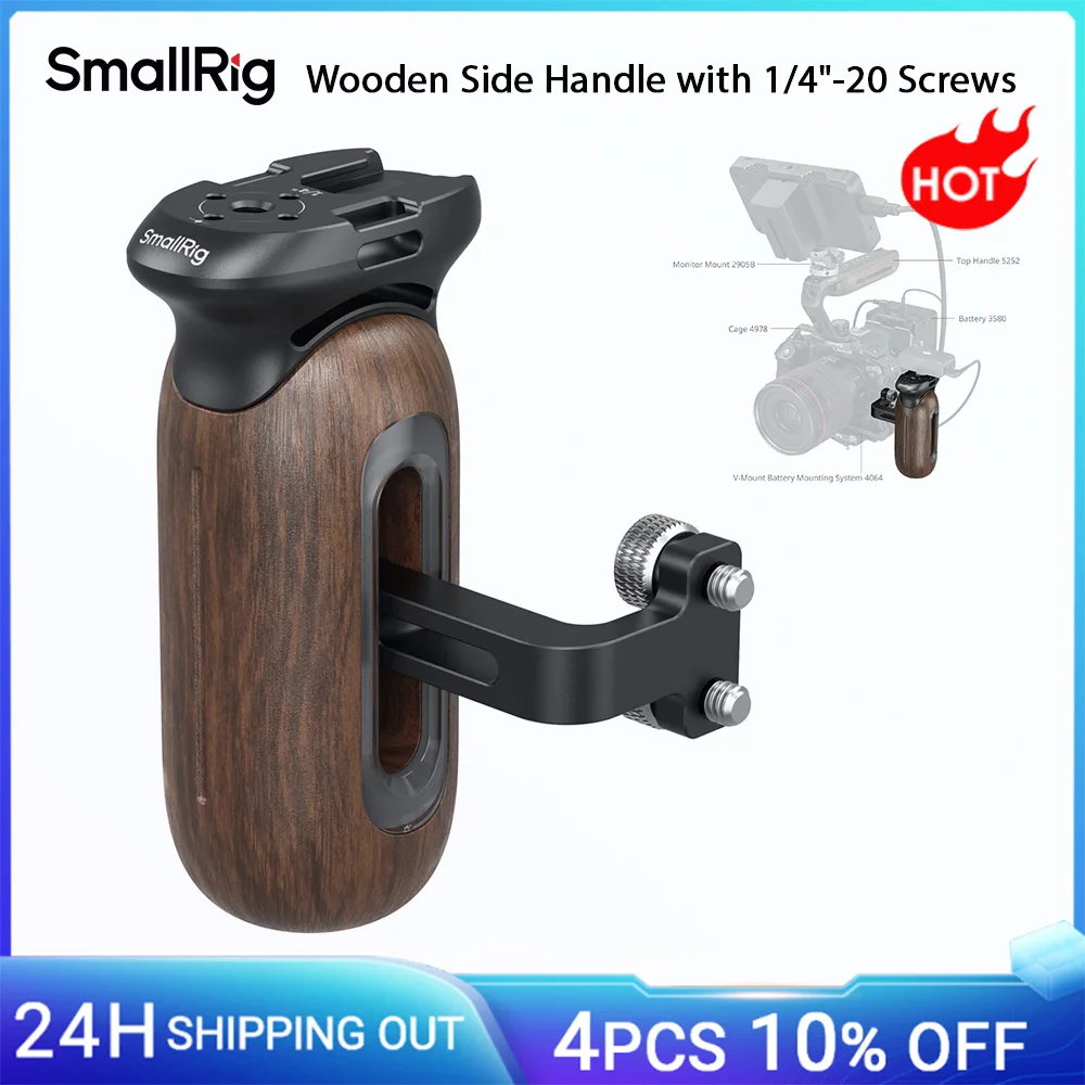 مقبض جانبي خشبي صغير الحجم مع مسامير 1/4 بوصة - 20، قبضة للأقفاص أو ألواح التركيب، مع حذاء بارد لأذرع شاشة الميكروفونات -5237