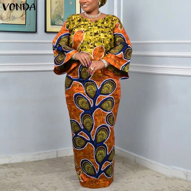 

VONDA Большие размеры, женские винтажные платья макси с принтом, модное повседневное вечернее длинное платье большого размера с длинным рукавом, богемное свободное платье 5XL