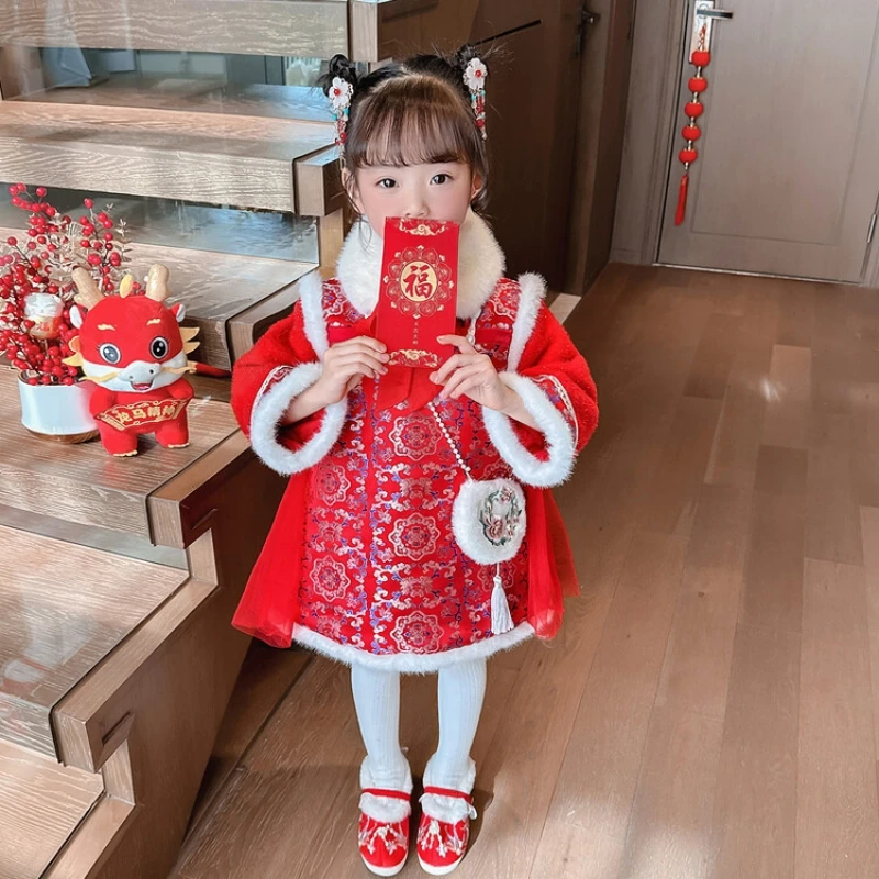 Girls Cheongsam 2024 Winter 2-10 Years New Year Embroidery Thickening Chinese Traditional Tangsuit  Kids Baby Red Dress With Bag