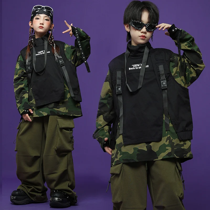 

Танцевальный костюм в стиле хип-хоп, детская одежда для джазовых сцены, камуфляжный топ, брюки-ташины, наряд для танцевального шоу для мальчиков, уличная одежда 4486