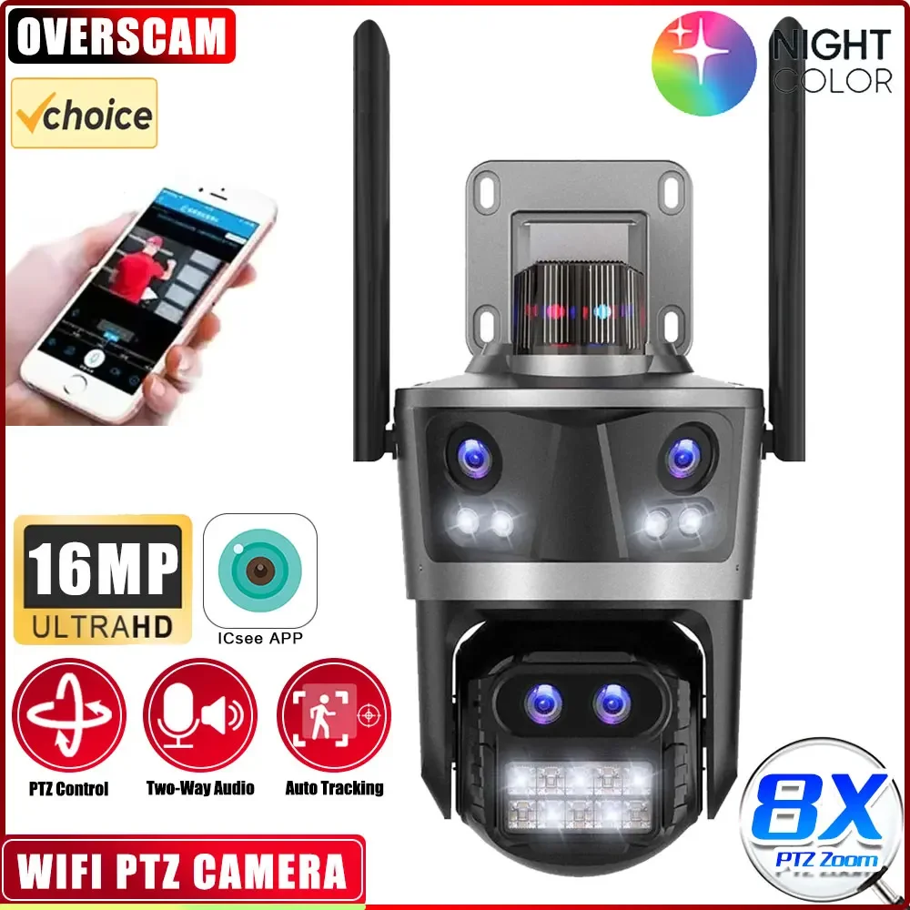 

16MP 8K Outdoor 4 Lens 4 Screen Linkage Wifi PTZ IP Camera 8X Hybrid Zoom Auto Tracking Security Cameras Audio IP Cameras iCSee