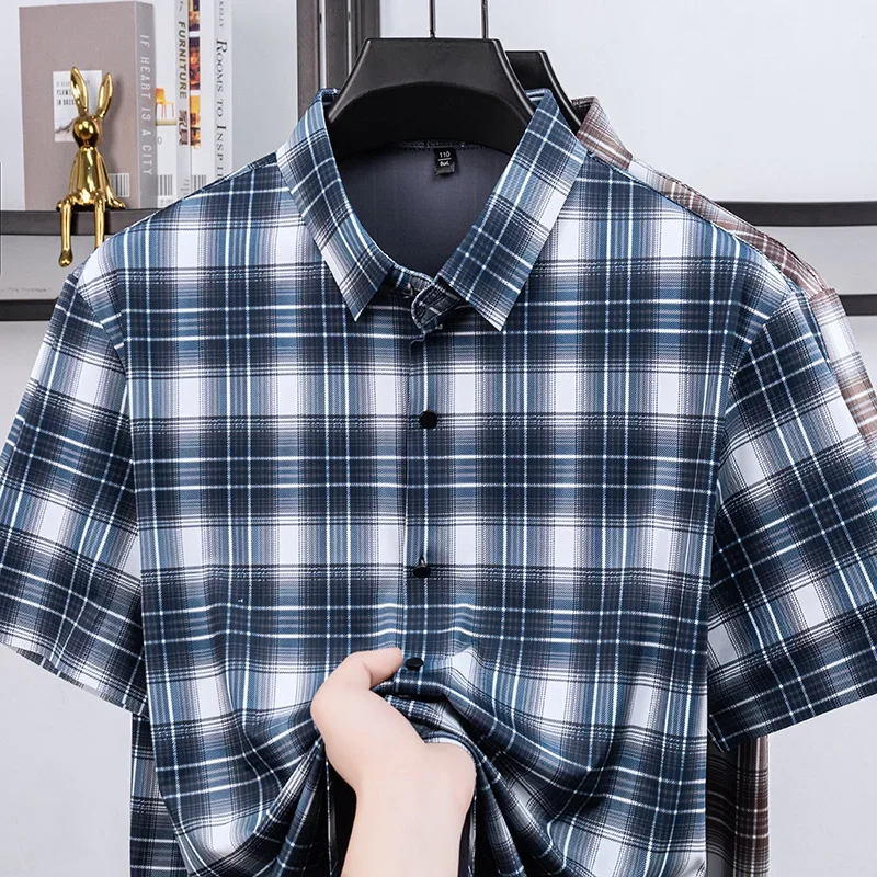 Mens Checkered Short Sleeve Shirt Turn Down Collar Casual Button Down Comfortable Fabric For All Seasons Daily Outfits