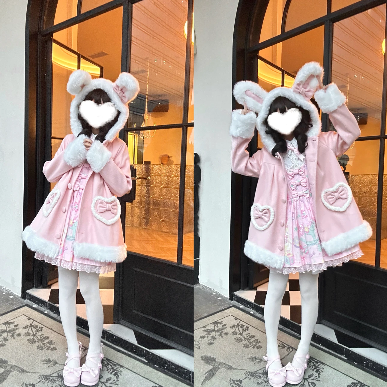 معاطف زرقاء للنساء معطف أذن أرنب صوفي ناعم على طراز لوليتا سترة متوسطة الطول معاطف وسترات للخريف والشتاء للنساء #4