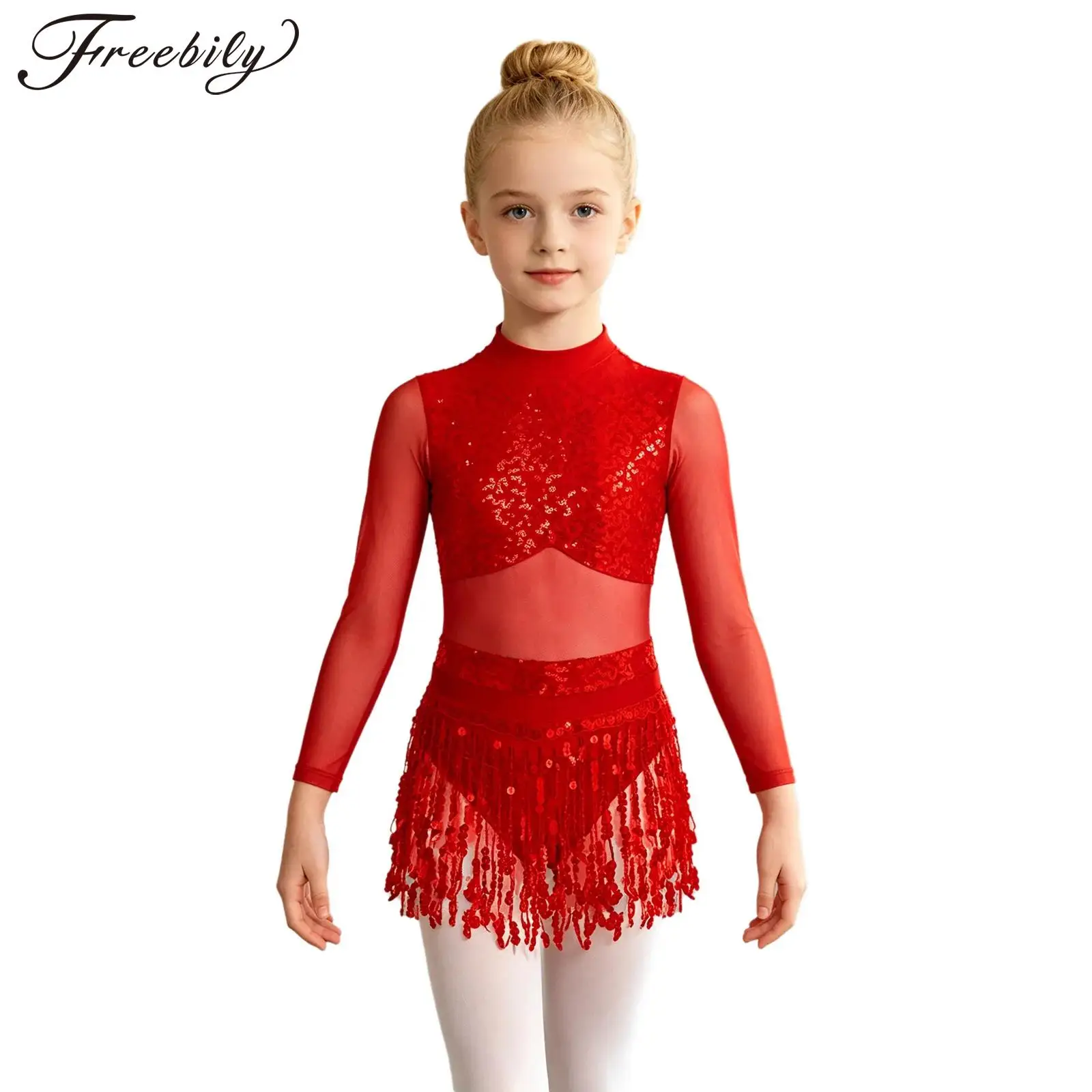 Kids Girls Jazz Latin Dance Dress Rumba Cha Cha Tango Figure Skating Costume Mesh Long Sleeve Shiny Sequin Tassel Ballet Leotard