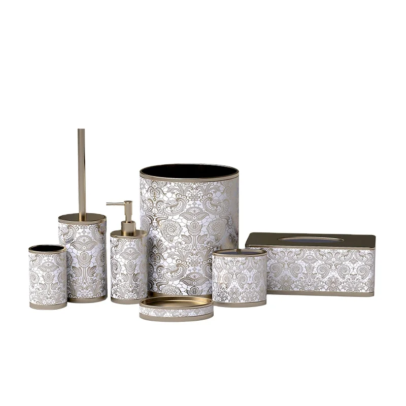 

Patterned Decal 7 Pieces Resin Modern Bathroom Furniture Set Hotel Bathroom Household Goods