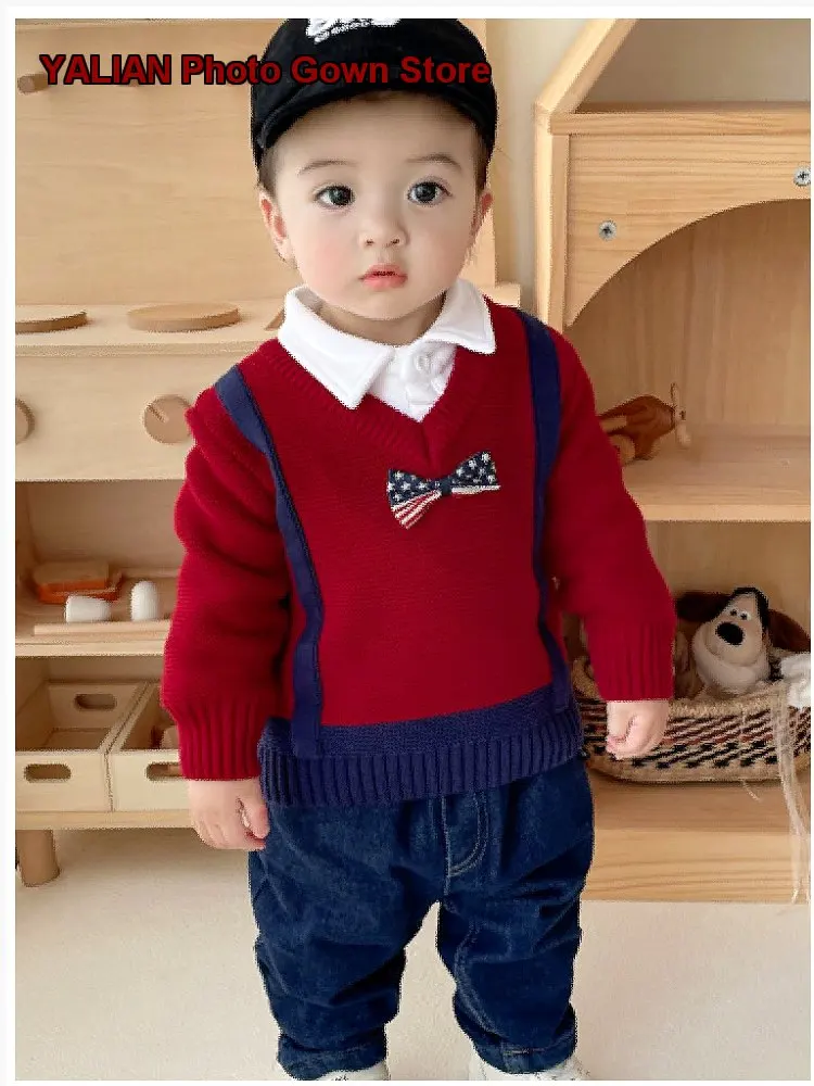Trendy Baby Bow Tie Dress Boys Christmas New Year Greeting Knit Top V-Neck Fake Suspender