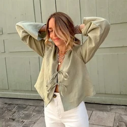 C.NEW S 2024 Spring New Female Street Tops Green Linen Lace Up Long Sleeve For Women Fashion Chic Casual Loose V Neck Shirt