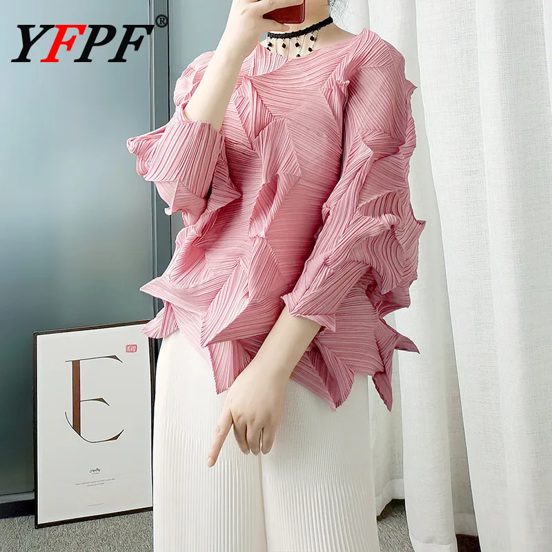 

YFPF Miyake плиссированные женские топы с неровными складками, однотонный свободный пуловер, блузка, мода, новинка 2025, одежда