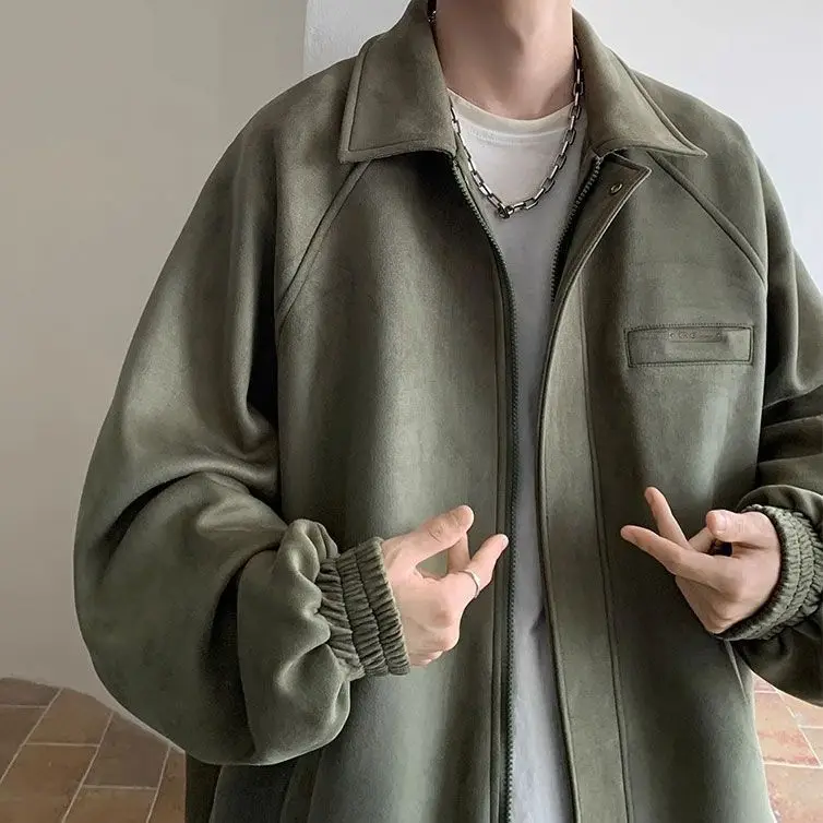 

Men's Suede Jacket American Style Spring Autumn High Sensation Cool Streetwear Baseball Uniform Loose Casual Lapel Coat