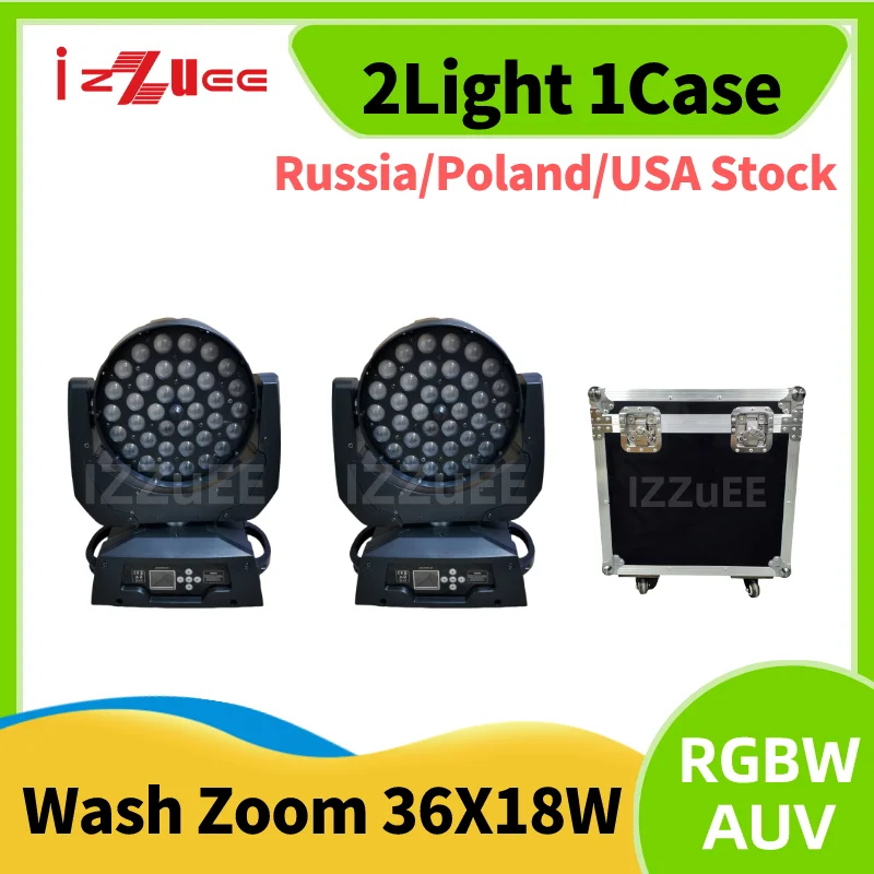 Free Tax 2x LED Wash Zoom 36x18w Moving Head Light RGBWAUV 6IN1 With Flightcase Lyre stage equipment DJ Party Nightclub Stage