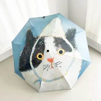 유화 고양이 태양 우산: 여성용 접이식 자외선 차단 자동 우산, 비 오는 날, 빛나는 날 