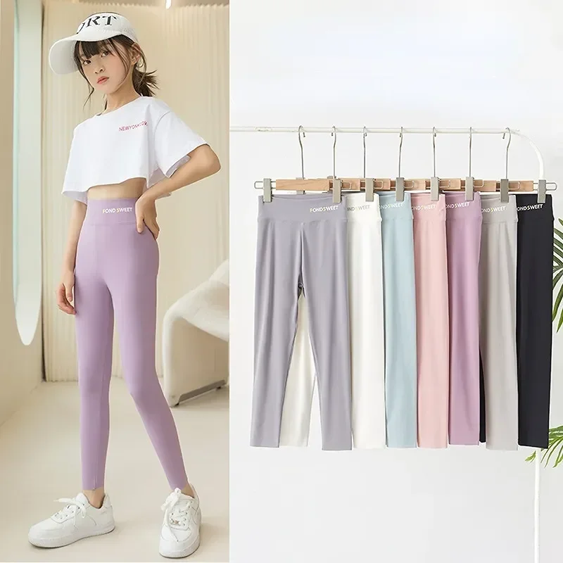 Spring Kids Solid Leggings Girls Thin Ankle Length Tights Pants 2+y Young Child Clothing Skinny Yoga Trousers Outdoor Sweatpants