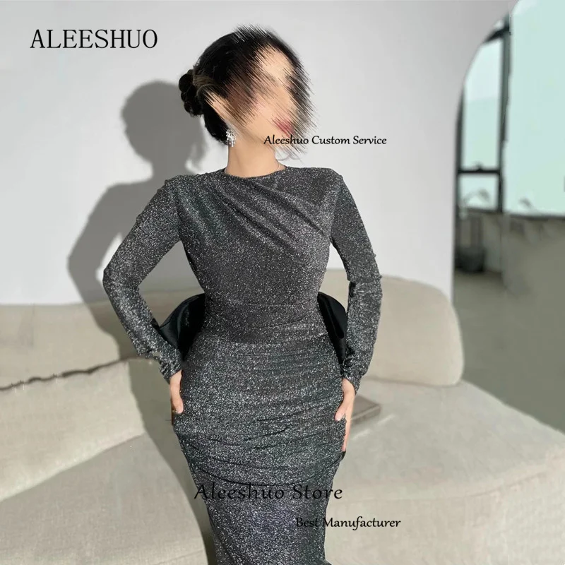 Aleeshuo Sexy Sparkle Prom Dress High Neck Long Sleeves Evening Dress Backless With Bow Ankle-Length Party Dress Saudi Arabia