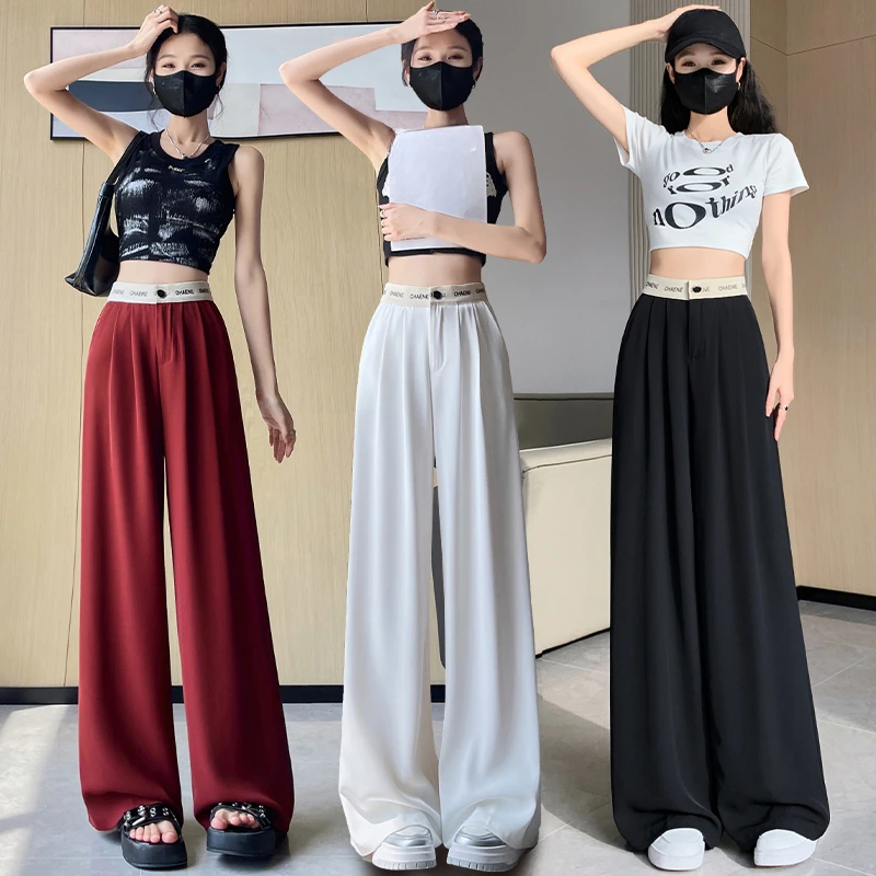 

Black high waisted draped straight suit pants for women's summer thin letter loose and slimming ice silk casual wide leg pants