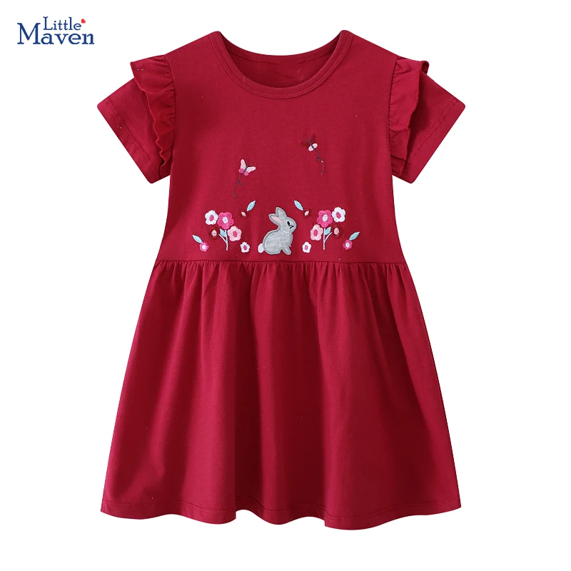 Little maven Children's Clothing 2025 Summer Kids Clothes Baby Girls Embroidered Cartoon Flowers Rabbits Gifts Dresses 2-7 Years