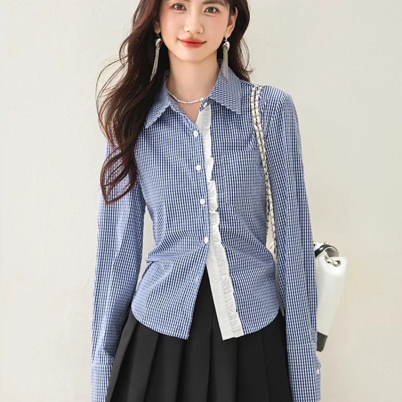 

New Arrival Autumn Vintage Plaid Women Shirts Clothes Korean Elegant Lapel Collar Ruffle Patchwork Blouse Work Casual Tops