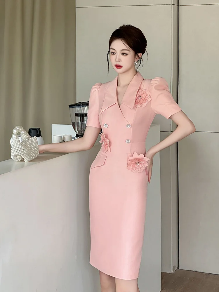 French Style Ladylike Exquisite Goddess Style Dignified and Elegant Formal Pink Hip-Hugging Dress Summer