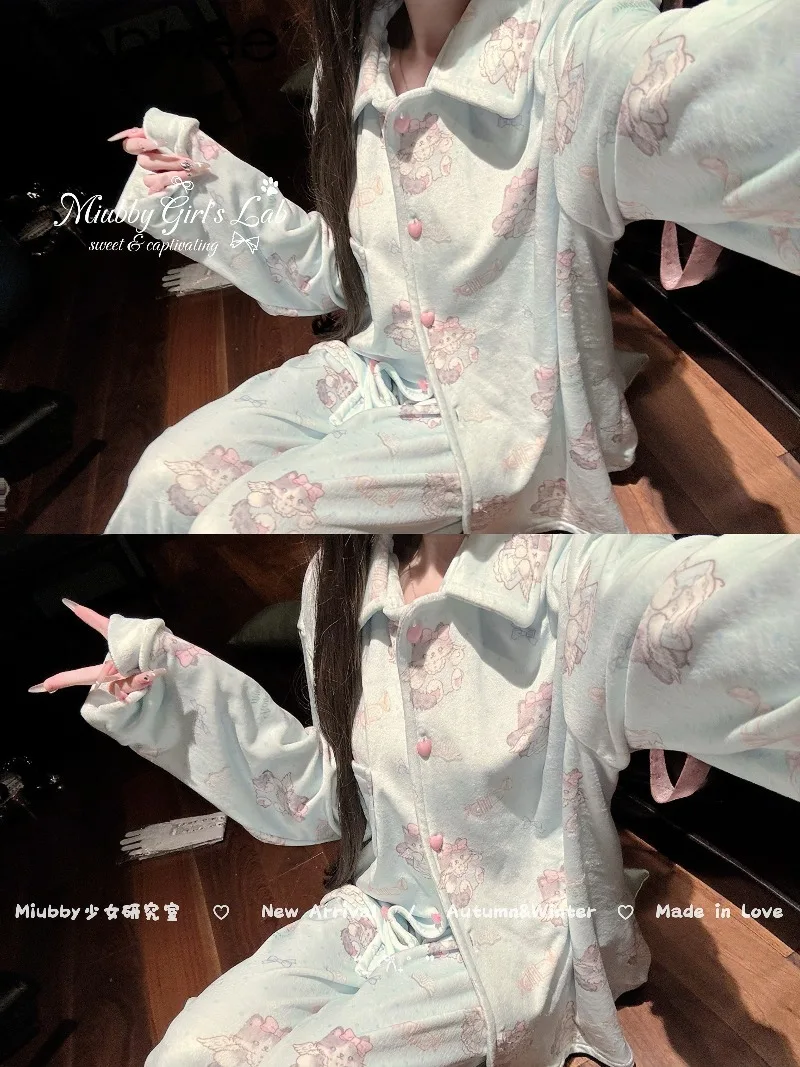 

Тонкая бархатная пижама с длинными рукавами в японском стиле для девочек, милый милый теплый комплект домашней одежды с героями мультфильмов