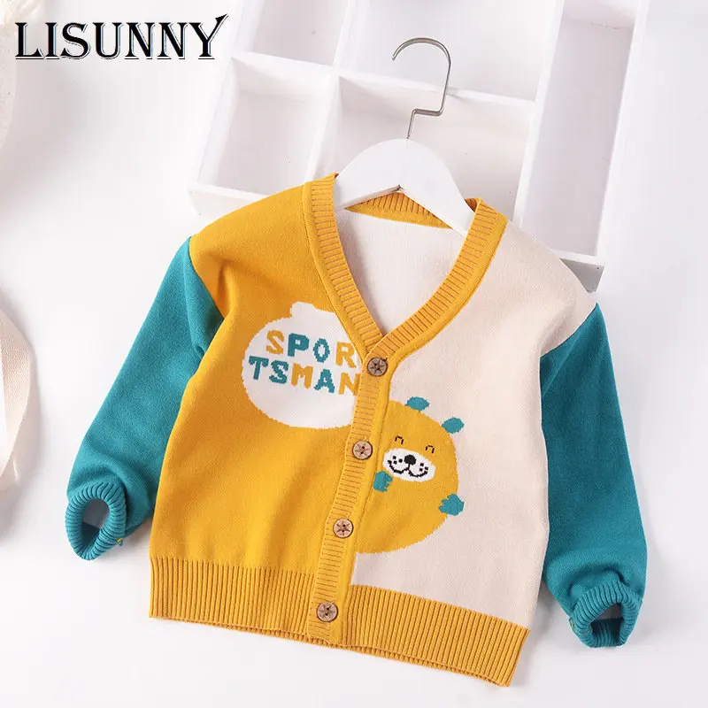 

Baby Boys Sweater Cardigan Coat Cartoon V-Neck Toddler Jumper 2023 Autumn Winter Spliced Children Sweaters Kid Knit Clothes 1-7y