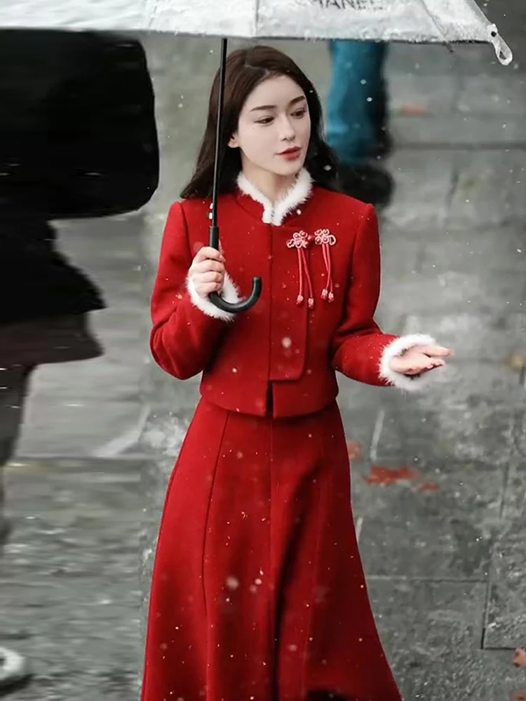 

Engagement Red Woolen Suit Set Elegant Beautiful Two-Piece Autumn Winter New Style Chinese Traditional Fashion Women's Wear