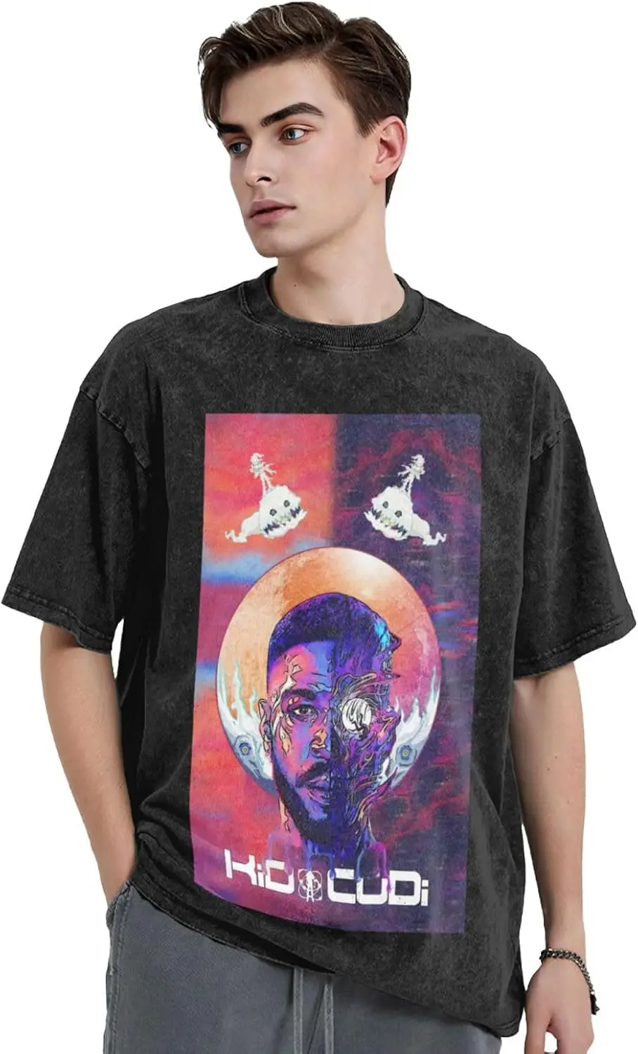 Men's Vintage Oversized T-Shirts,Big Boys Crewneck Short Sleeve Tshirts for Kid Custom cudi T-Shirt,Casual tee